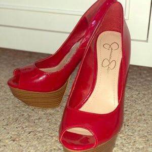 Jessica Simpson red patent leather peep toe pumps